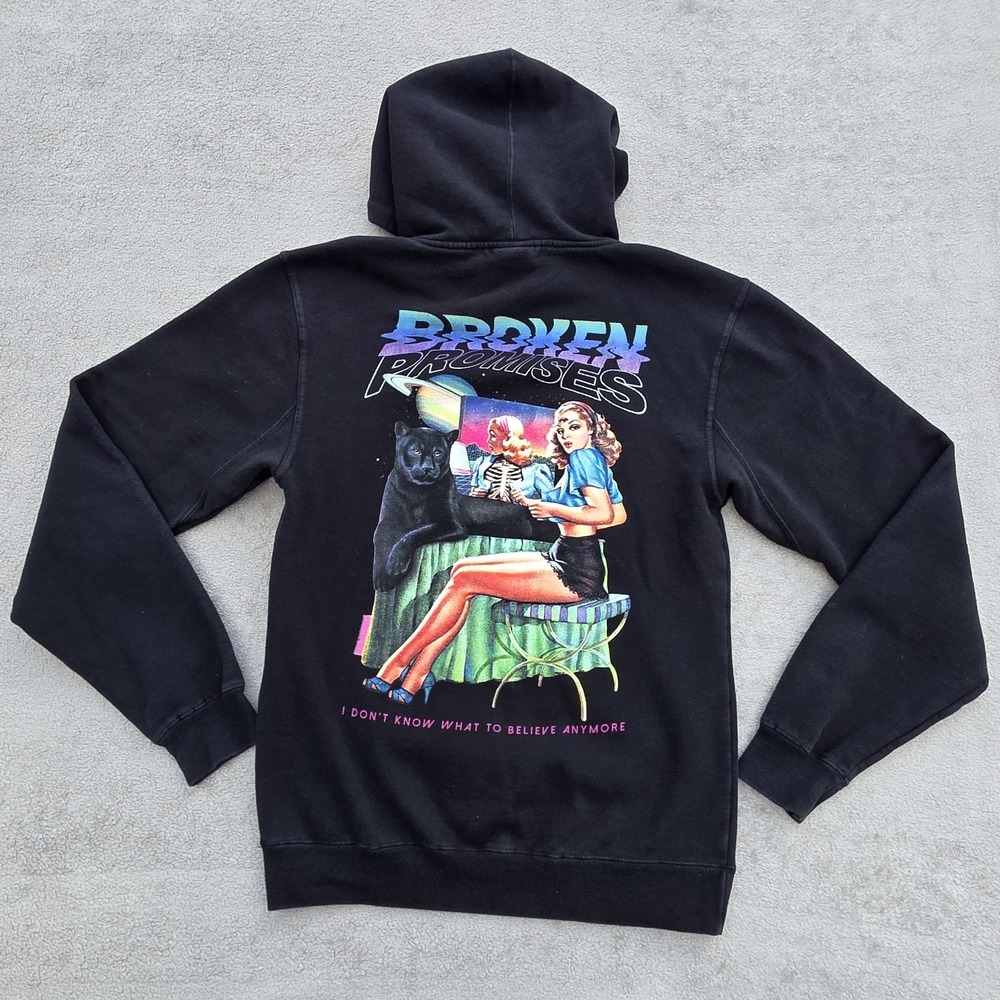 Broken Promises Hoodie Mens Small Black Space Retro‎ Skeptic Graphic Sweatshirt
